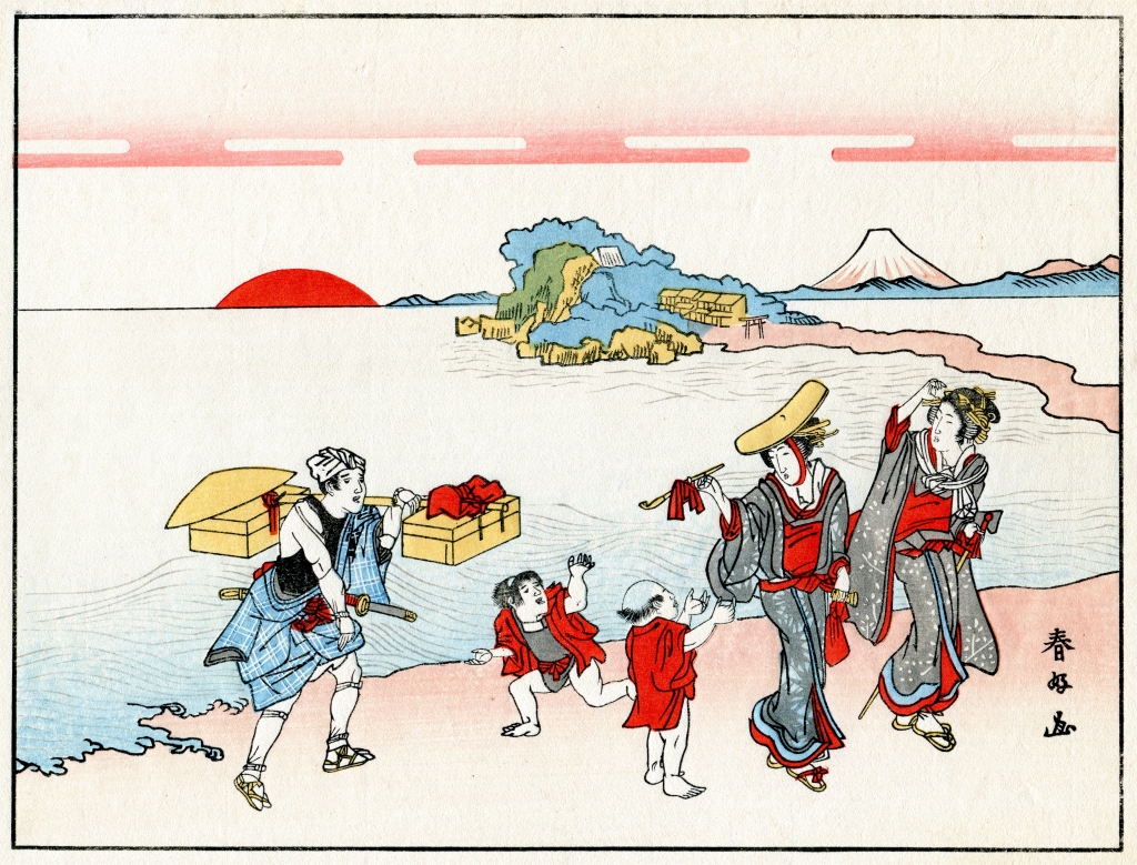 Katsukawa Shunsen Ukiyoe Pilger am Strand von Eonishima
